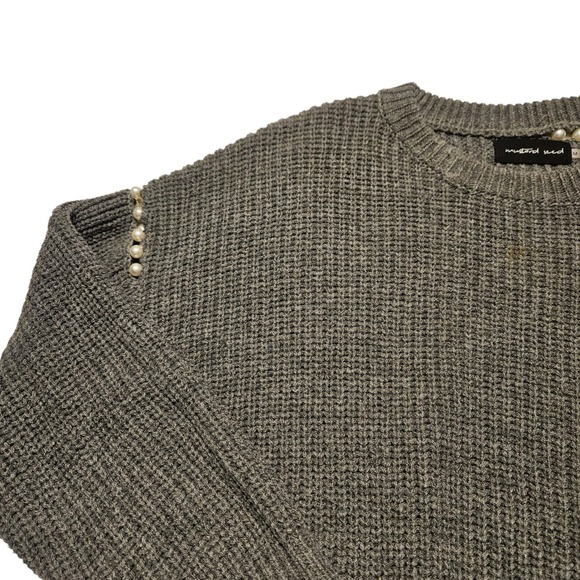 Mustard Seed Womens Gray Pearl Embellished Long Sleeve Knit Sweater Size M - Picture 8 of 11